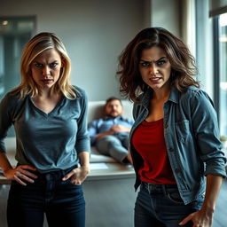 Two angry women standing prominently in front of a man who is laying on a table behind them, slightly out of focus