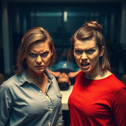 Two angry women standing prominently in front of a man who is laying on a table behind them, slightly out of focus