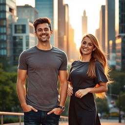 A charismatic young man standing next to a stylish woman, both dressed in modern fashion