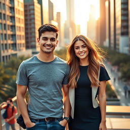 A charismatic young man standing next to a stylish woman, both dressed in modern fashion