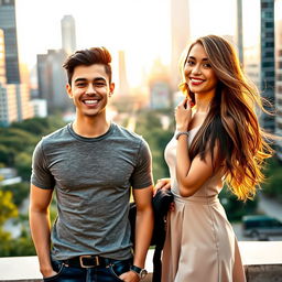 A charismatic young man standing next to a stylish woman, both dressed in modern fashion