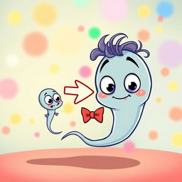 A cartoon image of a small sperm with big eyes, animatedly transforming into a larger sperm after a playful arrow sign