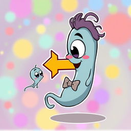 A cartoon image of a small sperm with big eyes, animatedly transforming into a larger sperm after a playful arrow sign