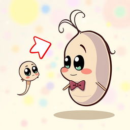 A cartoon image of a small sperm with big eyes, animatedly transforming into a larger sperm after a playful arrow sign