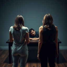 A scene depicting two women standing in the foreground, visibly very angry, their backs facing the viewer