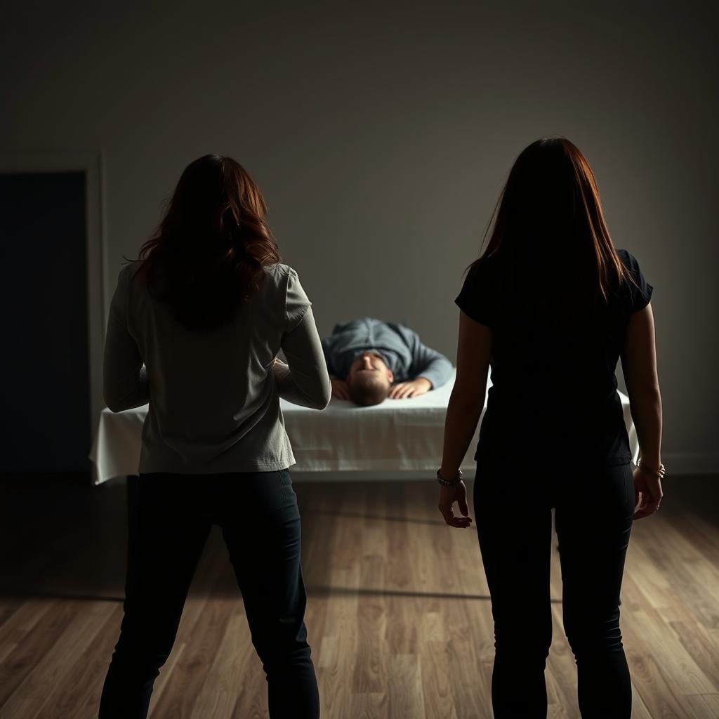 A scene depicting two women standing in the foreground, visibly very angry, their backs facing the viewer
