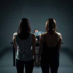 A scene depicting two women standing in the foreground, visibly very angry, their backs facing the viewer