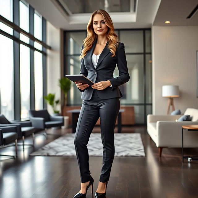 A full-length portrait of Marina Laswick wearing a fitted three-piece men's business suit, featuring tailored pants that highlight her curves, particularly after gaining 40 pounds in her hips, legs, and thighs