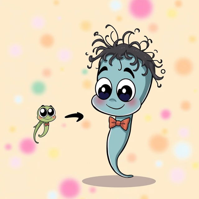 A cartoonish image of a small sperm with big eyes, which transforms into a larger sperm after a direction arrow