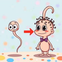 A cartoonish image of a small sperm with big eyes, which transforms into a larger sperm after a direction arrow