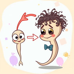 A cartoonish image of a small sperm with big eyes, which transforms into a larger sperm after a direction arrow