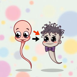 A cartoonish image of a small sperm with big eyes, which transforms into a larger sperm after a direction arrow