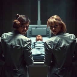 A dramatic scene focusing on the backs of two very angry women, their expressions furious as they stand in front of a surgical table