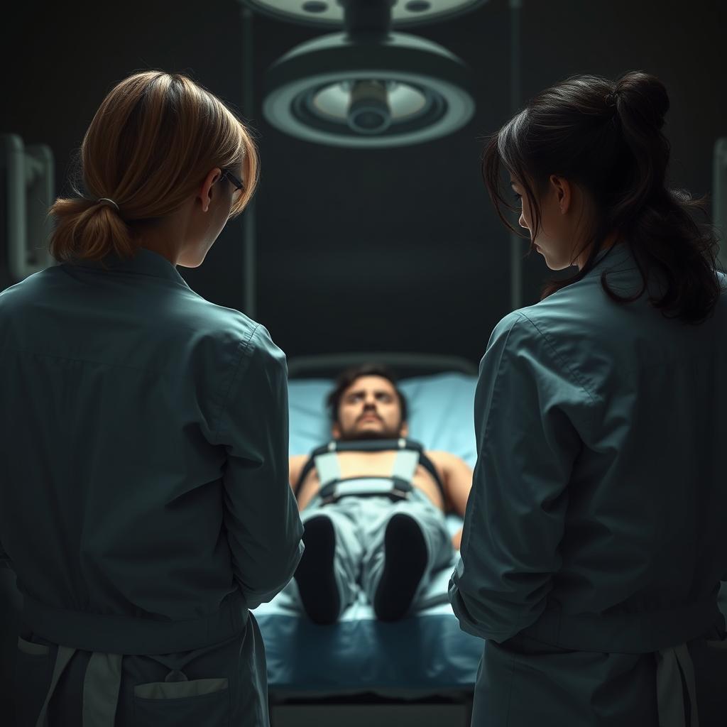 A dramatic scene focusing on the backs of two very angry women, their expressions furious as they stand in front of a surgical table