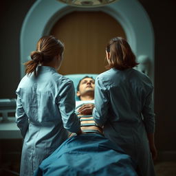 A dramatic scene focusing on the backs of two very angry women, their expressions furious as they stand in front of a surgical table