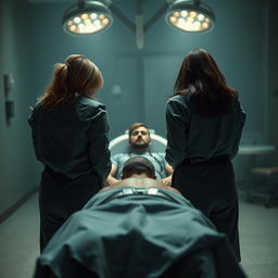 A dramatic scene focusing on the backs of two very angry women, their expressions furious as they stand in front of a surgical table
