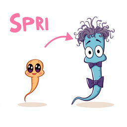 A cartoon image depicting a small sperm with big eyes that transforms into a larger sperm after a directional arrow, now wearing a bow tie under its chin and sporting sparse, curly hair on its head