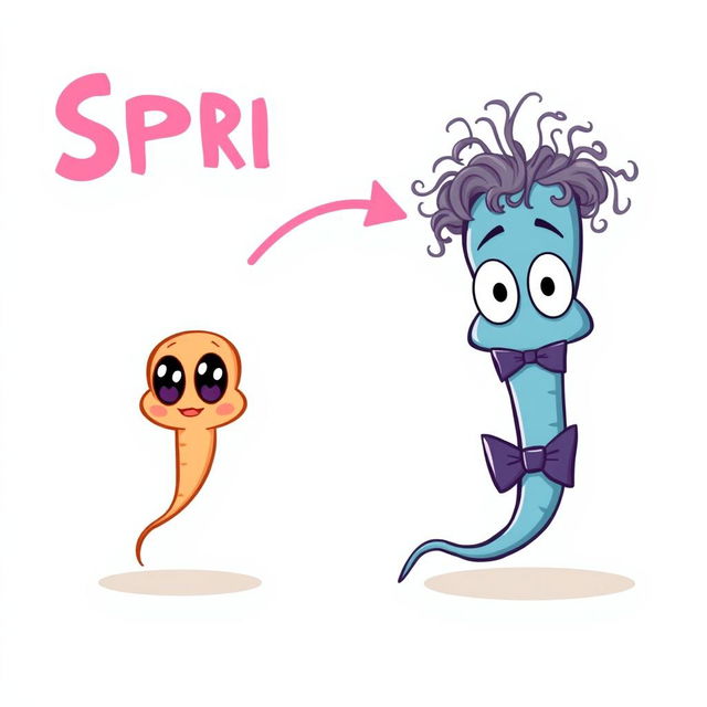 A cartoon image depicting a small sperm with big eyes that transforms into a larger sperm after a directional arrow, now wearing a bow tie under its chin and sporting sparse, curly hair on its head