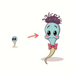 A cartoon image depicting a small sperm with big eyes that transforms into a larger sperm after a directional arrow, now wearing a bow tie under its chin and sporting sparse, curly hair on its head