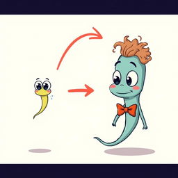 A cartoon image depicting a small sperm with big eyes that transforms into a larger sperm after a directional arrow, now wearing a bow tie under its chin and sporting sparse, curly hair on its head