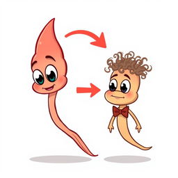 A cartoon image depicting a small sperm with big eyes that transforms into a larger sperm after a directional arrow, now wearing a bow tie under its chin and sporting sparse, curly hair on its head