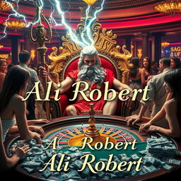 The Greek god of thunder, Zeus, majestically seated on an ornate throne, engaged in a thrilling game of roulette