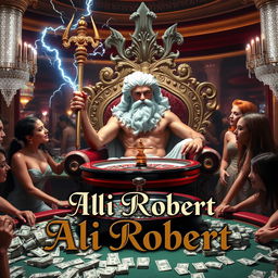 The Greek god of thunder, Zeus, majestically seated on an ornate throne, engaged in a thrilling game of roulette