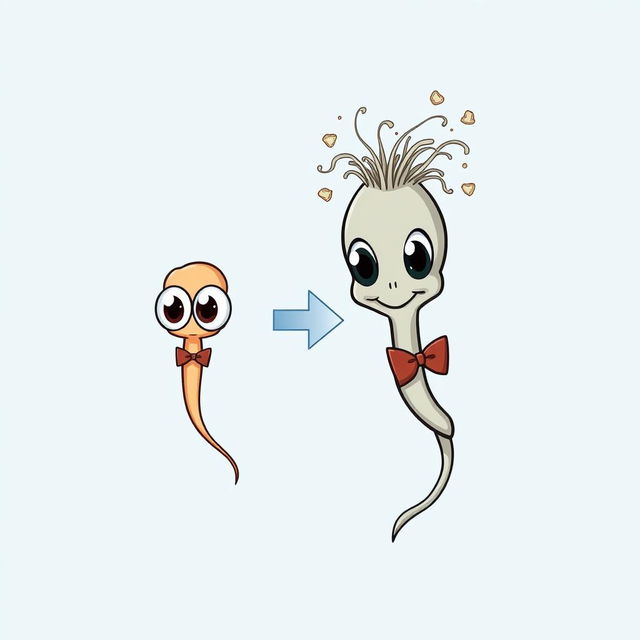 A cartoon image of a small sperm with big eyes that transforms into a larger sperm after a directional arrow