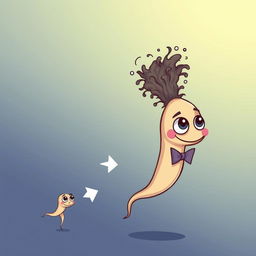 A cartoon image of a small sperm with big eyes that transforms into a larger sperm after a directional arrow