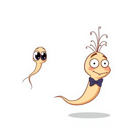 A cartoon image of a small sperm with big eyes that transforms into a larger sperm after a directional arrow