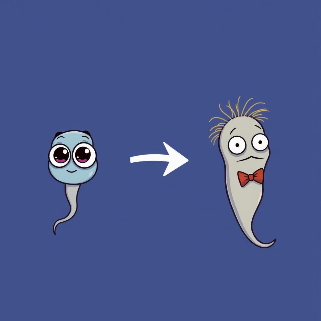 A cartoon image of a small sperm with big eyes that transforms into a larger sperm after a directional arrow