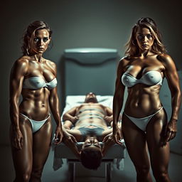A dramatic and intriguing scene featuring two very muscular women standing confidently in the foreground, their powerful physiques accentuated by the lighting
