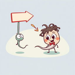 A cartoonish small sperm with large eyes transforming into a larger sperm with a bowtie beneath its neck and sparse curly hair on its head, following an arrow sign