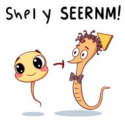 A cartoonish small sperm with large eyes transforming into a larger sperm with a bowtie beneath its neck and sparse curly hair on its head, following an arrow sign
