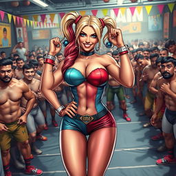 A beautiful busty character inspired by Harley Quinn, depicted confidently in an energetic gym setting filled with male Indian wrestlers