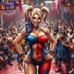 A beautiful busty character inspired by Harley Quinn, depicted confidently in an energetic gym setting filled with male Indian wrestlers