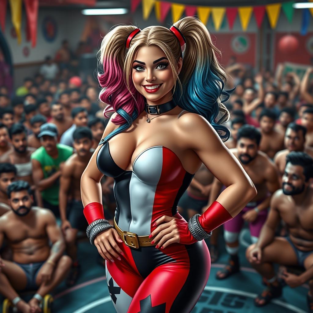 A beautiful busty character inspired by Harley Quinn, depicted confidently in an energetic gym setting filled with male Indian wrestlers