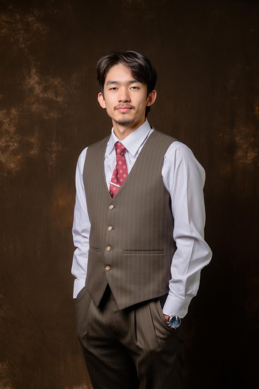 A young man in a vest and tie, standing confidently with his hands in his pockets