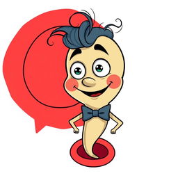 A cartoon image of a smiling sperm character wearing a bow tie, with thin, curly hair