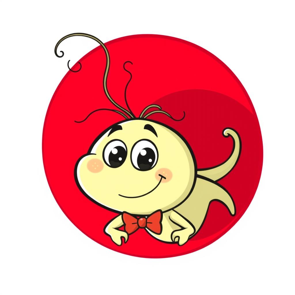 A cartoon image of a smiling sperm character wearing a bow tie, with thin, curly hair