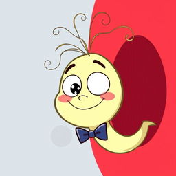 A cartoon image of a smiling sperm character wearing a bow tie, with thin, curly hair