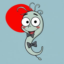 A cartoon image of a smiling sperm character wearing a bow tie, with thin, curly hair