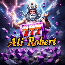 The Greek god of thunder, Zeus, embracing a vibrant 777 slot machine in a magnificent scene