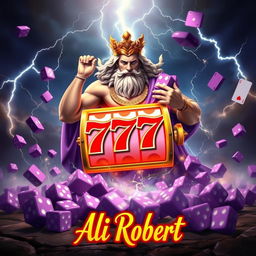 The Greek god of thunder, Zeus, embracing a vibrant 777 slot machine in a magnificent scene
