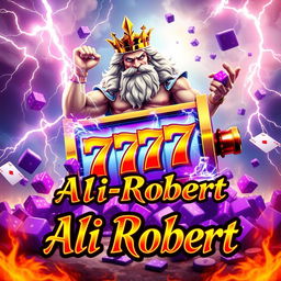 The Greek god of thunder, Zeus, embracing a vibrant 777 slot machine in a magnificent scene