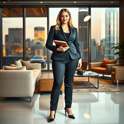 A full-length portrait of Marina Laswick dressed in a tailored three-piece men's business suit, with snug-fitting pants that emphasize her voluptuous figure, notably at 180 pounds with pronounced fat in her hips, legs, and thighs
