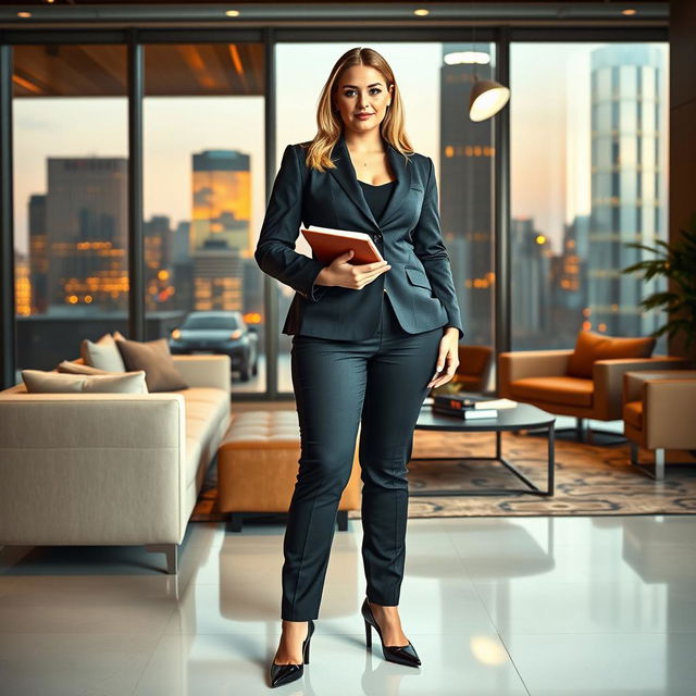 A full-length portrait of Marina Laswick dressed in a tailored three-piece men's business suit, with snug-fitting pants that emphasize her voluptuous figure, notably at 180 pounds with pronounced fat in her hips, legs, and thighs