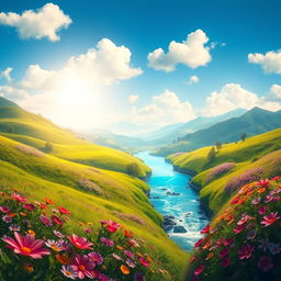 A stunning and serene background featuring a magical fantasy landscape filled with lush green hills, vibrant flowers in full bloom, and a crystal-clear river flowing gently, under a bright blue sky with fluffy white clouds