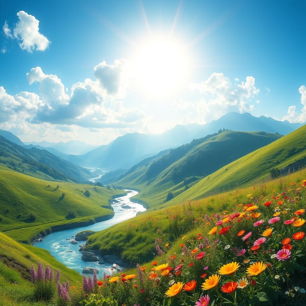 A stunning and serene background featuring a magical fantasy landscape filled with lush green hills, vibrant flowers in full bloom, and a crystal-clear river flowing gently, under a bright blue sky with fluffy white clouds