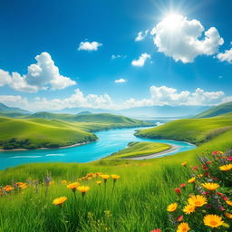 A stunning and serene background featuring a magical fantasy landscape filled with lush green hills, vibrant flowers in full bloom, and a crystal-clear river flowing gently, under a bright blue sky with fluffy white clouds